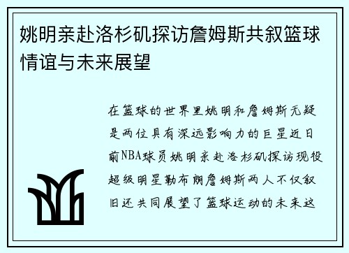 姚明亲赴洛杉矶探访詹姆斯共叙篮球情谊与未来展望